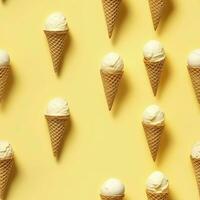 AI generated Ice Cream pattern on yellow background, top view. AI Generated photo