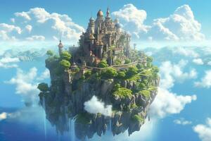 AI generated Ancient Heavenly Floating island in the sky with a castle, vibrant, fantasypunk, AI Generative photo