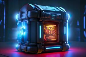 AI generated Modern and Futuristic Neon Digital Gaming Chest in Cartoon Pixar 3D Blender Style. AI Generative photo