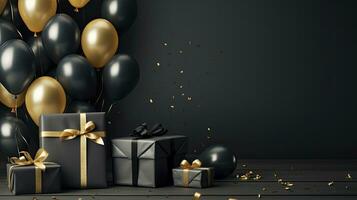 AI generated Black Friday sale banner with ballon and gift box space for text. AI Generated photo