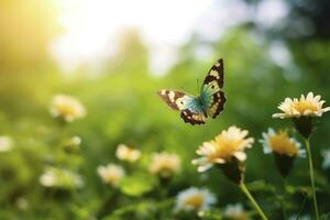 ai generado mariposa volador terminado el prado. ai generado foto