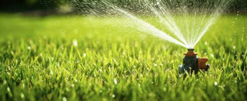 AI generated Automatic garden lawn sprinkler in action watering grass. AI Generated photo