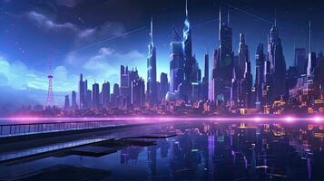 ai generado un futurista, cyberpunk inspirado paisaje urbano a noche. ai generado foto
