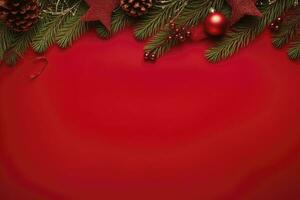 AI generated Christmas or New Year red background with fir decor. AI Generated photo