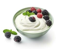 AI generated Green bowl of greek yogurt and fresh berries isolated on white background. AI Generated photo