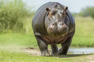 AI generated Hippopotamus Walking in a green field. AI Generated photo