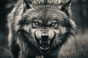 AI generated Greyscale closeup shot of an angry wolf with a blurred background. AI Generated photo