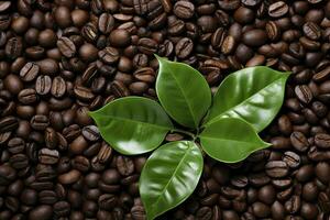 AI generated Green leaves with coffee beans as background. AI Generated photo