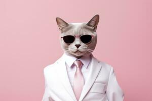 AI generated A cat is wearing sunglasses and suit on Pink Background. AI Generated photo