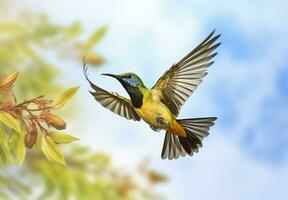 ai generado aceituna Respaldados pájaro sol, amarillo vientre Sunbird volador en el brillante cielo. generativo ai foto