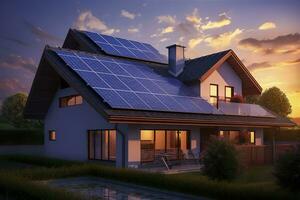 AI generated Modern house with blue solar panels on the roof. End of the day, sunset. AI Generated photo