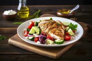 AI generated Seared chicken breast and Greek salad on a wooden table. Generative AI photo