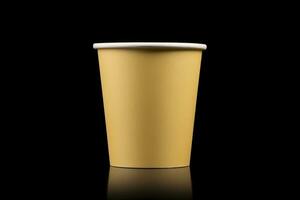 AI generated Side view yellow empty disposable paper fast food cup isolated on black background. Generative AI photo