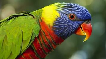 ai generado lado ver de cerca de hermosa y vistoso lorikeet verde nuca pájaro. generativo ai foto