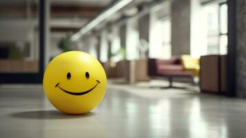 ai generado un amarillo sonriente pelota lata promover un positivo trabajo ambiente. generativo ai foto