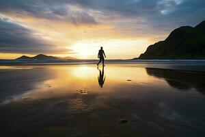 ai generado un persona caminando en el playa a puesta de sol. ai generado. foto