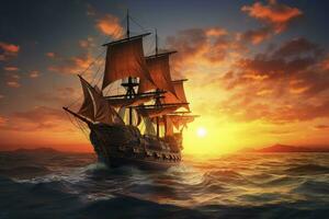 AI generated Pirate ship sailing on the ocean at sunset. Vintage cruise. AI Generated photo