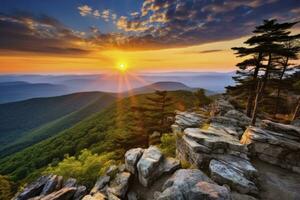 ai generado puesta de sol en pedregoso hombre montaña. ai generado foto