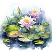 AI generated Water Lily in Pond. Watercolor design. AI Generated photo