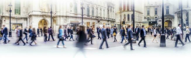 ai generado caminando personas difuminar. un montón de personas caminar en el ciudad de Londres. amplio panorámico ver de personas cruce el la carretera. ai generado foto