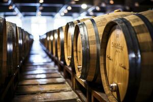 AI generated Wooden oak Port barrels in neat rows. AI Generated photo