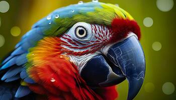 AI generated Tropical macaw perched, vibrant feathers in focus. Generative AI photo
