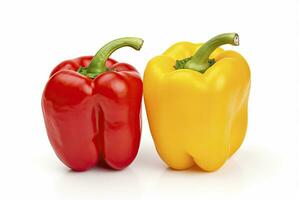 AI generated Two bell peppers, a red and a yellow isolated on white background. AI Generated. photo