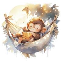 AI generated A sleepy baby monkey in a hammock. watercolor illustration. AI Generated photo