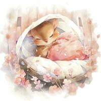 AI generated A sleepy baby squirrel in a bedding. watercolor illustration. AI Generated photo