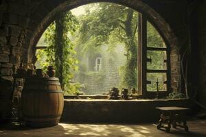 ai generado barril en un antiguo castillo junto a el ventana. ai generado foto