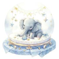 ai generado un elefante en un cama con estrellas y mantas alrededor el círculo. ai generado foto