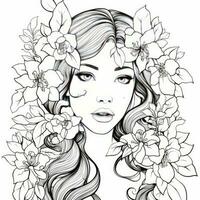 AI generated A girl on a coloring book page with Jasmine flowers. AI Generated photo