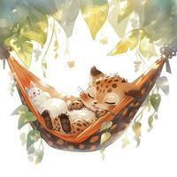 AI generated A sleepy baby leopard in a hammock. watercolor illustration. AI Generated photo