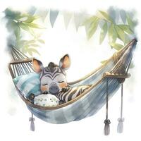 AI generated A sleepy baby zebra in a hammock. watercolor illustrations. AI Generated photo