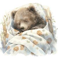 AI generated A sleepy baby bear in a bedding. watercolor illustration. AI Generated photo