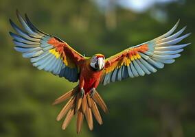 AI generated Flying macaw, beautiful bird. Generative AI photo