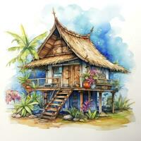 AI generated A watercolored bright serene image of a traditional bahay kubo. AI Generated photo