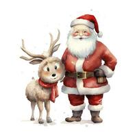 AI generated Cute Santa Claus standing with reindeer. AI Generated photo