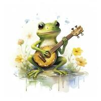 AI generated Watercolor green frog playing a tiny musical instrument on white background. AI Generated photo