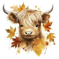 AI generated Happy cute baby highland cow in autumn leaves in the watercolor style. AI Generated photo