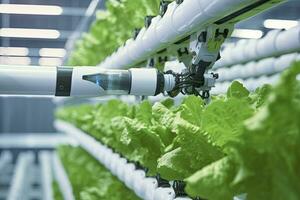 AI generated Automatic Agricultural Technology With Close-up View Of Robotic Arm Harvesting Lettuce In Vertical Hydroponic Plant. AI Generated photo