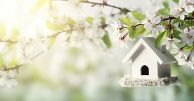 AI generated Toy house and cherry flowers, spring abstract natural background. Generative AI photo