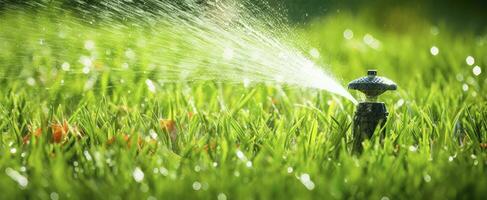 AI generated Automatic garden lawn sprinkler in action watering grass. AI Generated photo