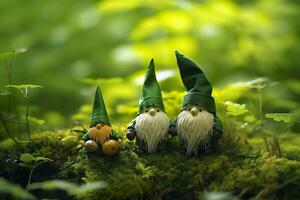 AI generated Toy Irish gnomes in a mystery forest, abstract green natural background. Generative AI photo