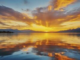 ai generado brillante puesta de sol terminado lago dorado nubes reflejar en el agua. ai generado. foto