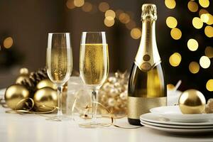 AI generated Christmas table setting with holiday decorations in gold color. AI Generated photo