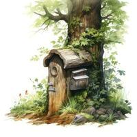 AI generated Watercolor mailbox in a tree on a white background. AI Generated photo