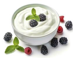 AI generated Green bowl of greek yogurt and fresh berries isolated on white background. AI Generated photo