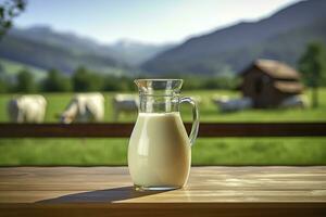 AI generated Glass pitcher with fresh milk on a wooden table. AI Generated photo