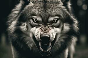 AI generated Greyscale closeup shot of an angry wolf with a blurred background. AI Generated photo